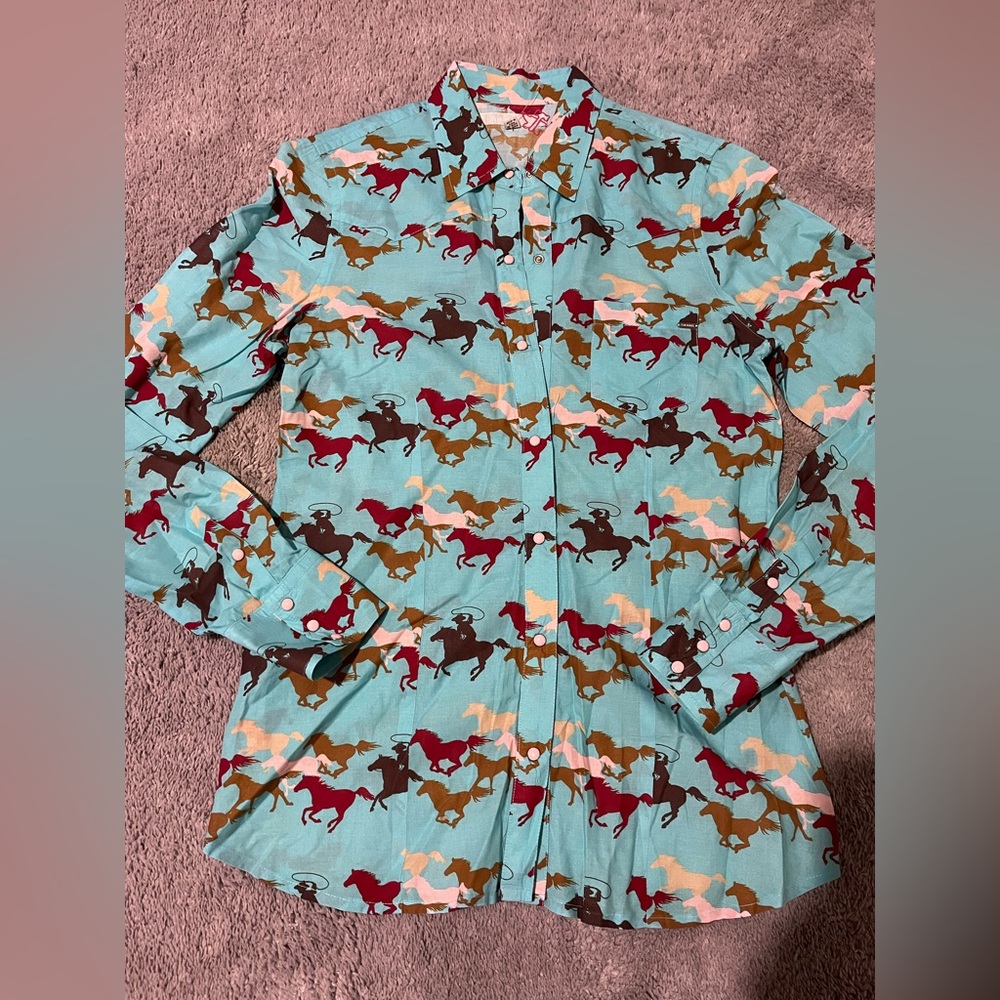 Tin Haul Womens Wild Mustang Blue 100% Cotton S Shirt